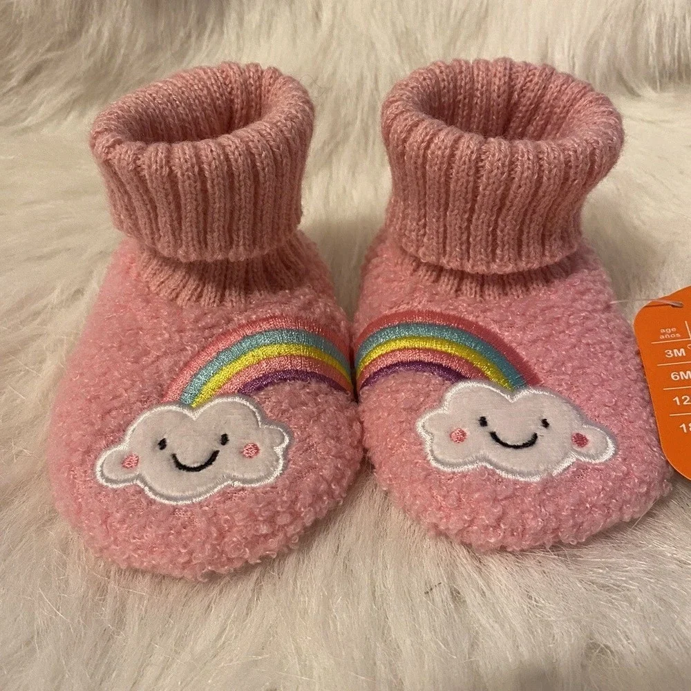 Wonder Nation Slippers Girls Size 3 Pink Fuzzy Rainbow Bootie Shoes 3-6 Months